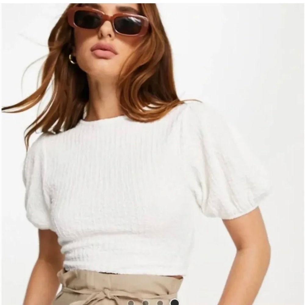 Topshop Open Back Crinkle Puff Sleeve Tie Back Crop Top Cream S 4-6